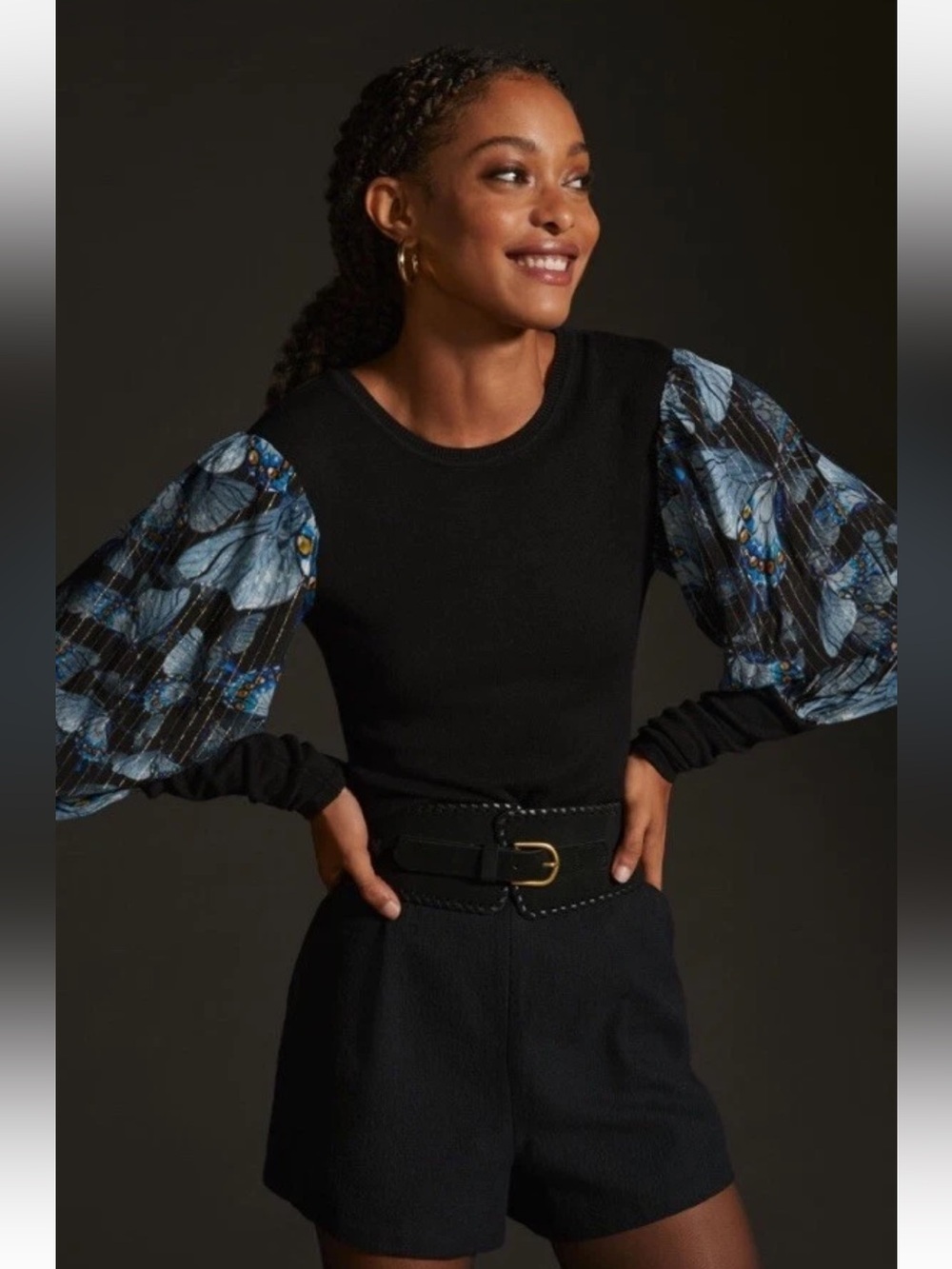 NWT Blank London Butterfly Black/Blue Balloon Sleeve Metallic Sweater XS Petite